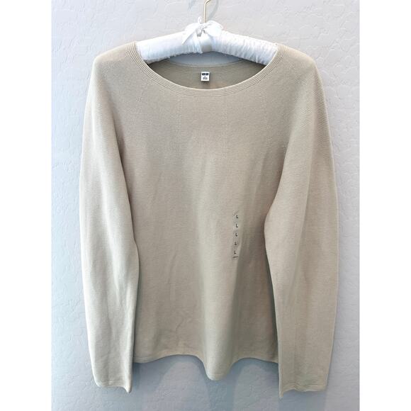 UNIQLO | 3D Knit Cotton Sweater Beige Boat Neck Pullover New | Large - Picture 1 of 7